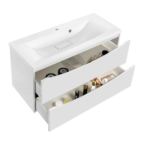 Тумба Vincea Mia 900 подвесная, 2 выкатных ящика soft close, G.White с умывальником VCB-3M900W из искусственного камня, цвет белый
