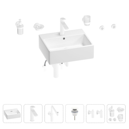 Раковина для ванной Wellsee Graceful Pro 201006695 в наборе 9 в 1: раковина белого глянцевого цвета, смеситель, сифон, донный клапан, угловые вентили, аксессуары (цвет набора матовый белый)