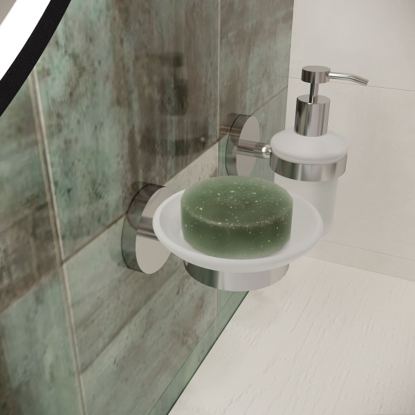 Стеклянная мыльница с латунным настенным держателем Wellsee Finishing Touch 182501000 (цвет мыльницы матовый, цвет держателя хром). Для применения в ванной комнате и кухне