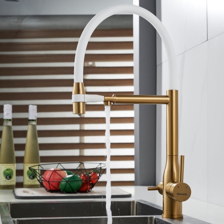 Смеситель для кухни с гибким изливом и подключением фильтра Shevanik S378G, золотой сатин/белый