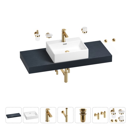 Раковина 50 см со столешницей 120 см Wellsee Graceful Pro 201012523 в наборе 10 в 1: столешница, раковина, смеситель, сифон, донный клапан, угловые вентили, аксессуары (цвет золото)