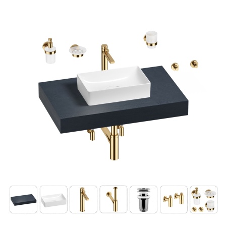 Раковина 42 см со столешницей 80 см Wellsee Pure BY Wellsee 201010728 в наборе 10 в 1: столешница, раковина, высокий смеситель, сифон, выпуск, кран-вентили, аксессуары (цвет золото)