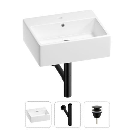 Раковина для ванной Wellsee Graceful Pro 201001337 в наборе 3 в 1: прямоугольная раковина белого глянцевого цвета, сифон, донный клапан в цвете матовый черный