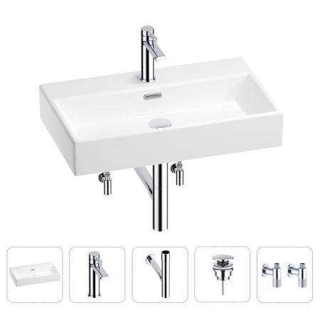 Раковина для ванной Wellsee Graceful Pro 201004651 в наборе 5 в 1: раковина белого глянцевого цвета, смеситель, сифон, донный клапан, угловые вентили (цвет набора хром)