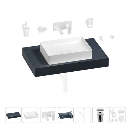 Раковина 50 см со столешницей 80 см Wellsee Pure BY Wellsee 201011105 в наборе 9 в 1: столешница, раковина, встраиваемый смеситель, сифон, выпуск, аксессуары (цвет набора матовый белый)