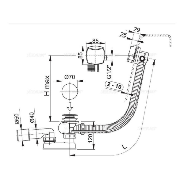 Сифон для ванны Alcaplast с напуском воды через перелив металл/металл длина 80 см, A564KM1-80