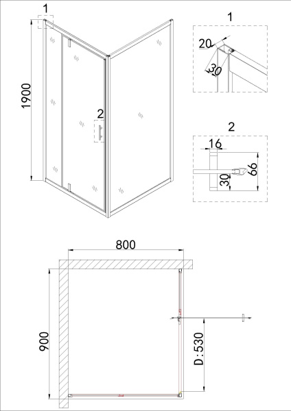 Душевое ограждение Niagara Nova NG-63-9A-A80 90x80x195 прямоугольник, дверь распашная