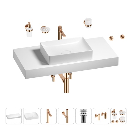 Раковина 50 см со столешницей 100 см Wellsee Pure BY Wellsee 201011279 в наборе 10 в 1: столешница, раковина, высокий смеситель, сифон, выпуск, кран-вентили, аксессуары (цвет розовое золото)
