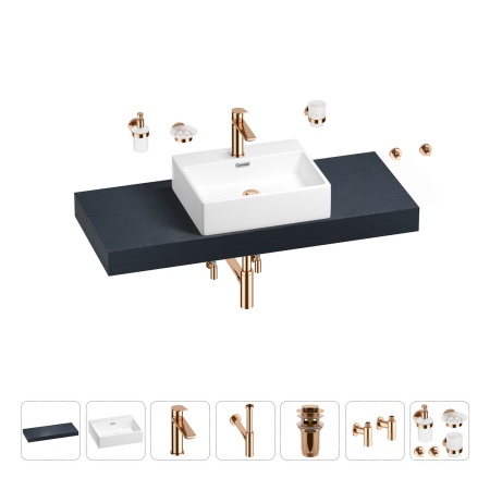 Раковина 50 см со столешницей 120 см Wellsee Graceful Pro 201012524 в наборе 10 в 1: столешница, раковина, смеситель, сифон, донный клапан, угловые вентили, аксессуары (цвет розовое золото)