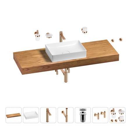 Раковина 50 см со столешницей 140 см Wellsee Pure BY Wellsee 201011479 в наборе 10 в 1: столешница, раковина, высокий смеситель, сифон, выпуск, кран-вентили, аксессуары (цвет розовое золото)