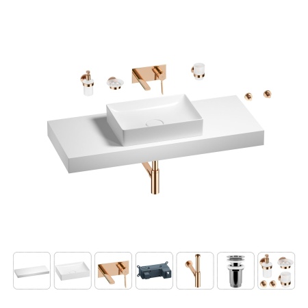Раковина 50 см со столешницей 120 см Wellsee Pure BY Wellsee 201011409 в наборе 9 в 1: столешница, раковина, встраиваемый смеситель, сифон, выпуск, аксессуары (цвет набора розовое золото)