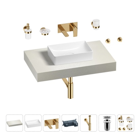 Раковина 42 см со столешницей 80 см Wellsee Pure BY Wellsee 201010718 в наборе 9 в 1: столешница, раковина, встраиваемый смеситель, сифон, выпуск, аксессуары (цвет набора золото)