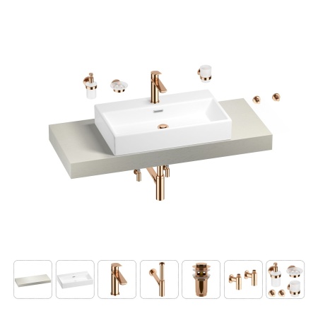 Раковина 70 см со столешницей 120 см Wellsee Graceful Pro 201012694 в наборе 10 в 1: столешница, раковина, смеситель, сифон, донный клапан, угловые вентили, аксессуары (цвет розовое золото)
