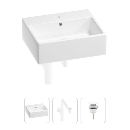 Раковина для ванной Wellsee Graceful Pro 201001350 в наборе 3 в 1: прямоугольная раковина белого глянцевого цвета, сифон, донный клапан в цвете матовый белый