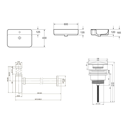 Комплект 3 в 1 Lavinia Boho Bathroom Sink 21520342: накладная фарфоровая раковина 60 см, металлический сифон, донный клапан