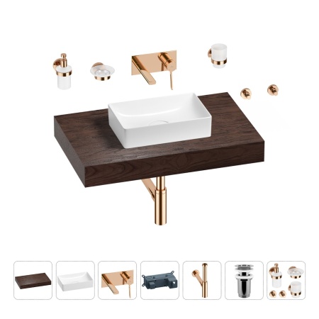 Раковина 42 см со столешницей 80 см Wellsee Pure BY Wellsee 201010769 в наборе 9 в 1: столешница, раковина, встраиваемый смеситель, сифон, выпуск, аксессуары (цвет набора розовое золото)
