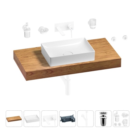 Раковина 50 см со столешницей 100 см Wellsee Pure BY Wellsee 201011250 в наборе 9 в 1: столешница, раковина, встраиваемый смеситель, сифон, выпуск, аксессуары (цвет набора матовый белый)