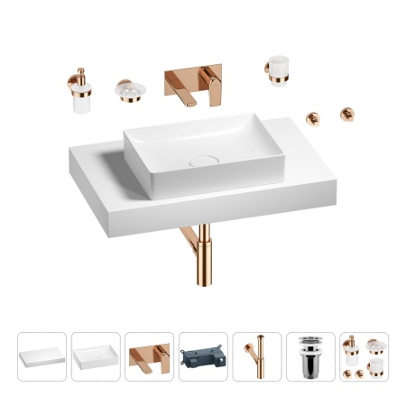 Раковина 50 см со столешницей 80 см Wellsee Pure BY Wellsee 201011164 в наборе 9 в 1: столешница, раковина, встраиваемый смеситель, сифон, выпуск, аксессуары (цвет набора розовое золото)