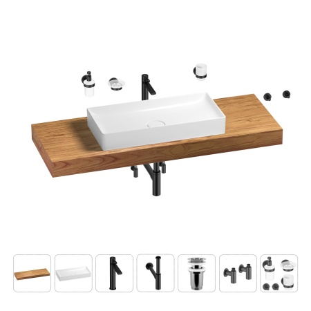 Раковина 75 см со столешницей 140 см Wellsee Pure BY Wellsee 201011837 в наборе 10 в 1: столешница, раковина, высокий смеситель, сифон, выпуск, кран-вентили, аксессуары (цвет матовый черный)