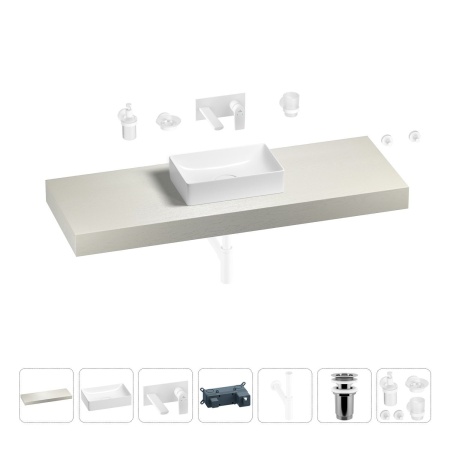 Раковина 42 см со столешницей 140 см Wellsee Pure BY Wellsee 201010990 в наборе 9 в 1: столешница, раковина, встраиваемый смеситель, сифон, выпуск, аксессуары (цвет набора матовый белый)