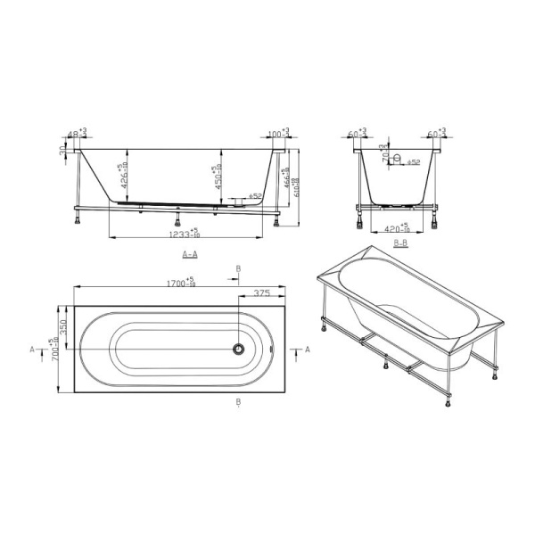 Ванна акриловая SMARTFLOW Oberon Solo SMF1877-1.7, 170x70 см