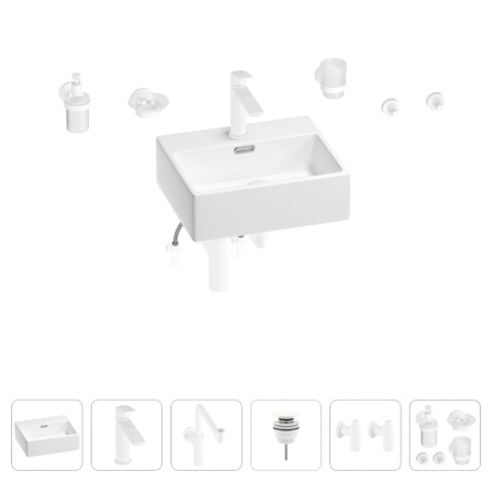 Раковина для ванной Wellsee Graceful Pro 201006645 в наборе 9 в 1: раковина белого глянцевого цвета, смеситель, сифон, донный клапан, угловые вентили, аксессуары (цвет набора матовый белый)