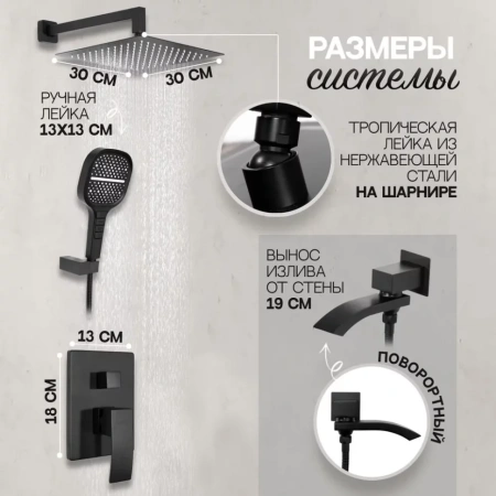 Душевая система скрытого монтажа Hansberge H6077 Черный матовый