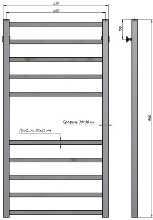 Полотенцесушитель водяной Stinox Quatro 500x1000, нижнее подключение, хром, 1/2" ВР (внутренняя резьба), 10 перекладин