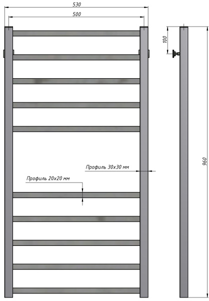 Полотенцесушитель водяной Stinox Quatro 500x1000, нижнее подключение, черный матовый, 1/2" ВР (внутренняя резьба), 10 перекладин