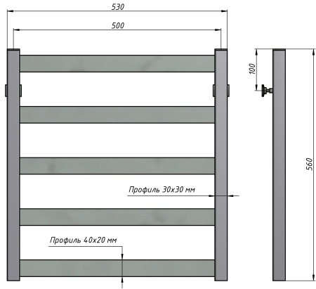 Полотенцесушитель водяной Stinox Verona 500x600, нижнее подключение, черный матовый, 1/2" ВР (внутренняя резьба), 5 перекладин