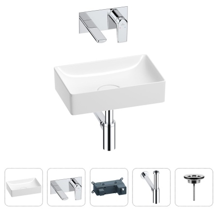 Раковина для ванной Wellsee Pure BY Wellsee 201002531 в наборе 4 в 1: раковина белого глянцевого цвета, встраиваемый смеситель, сифон, выпуск (цвет набора хром)