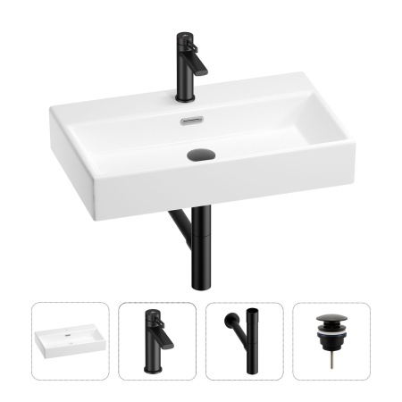 Раковина для ванной Wellsee Graceful Pro 201002977 в наборе 4 в 1: раковина белого глянцевого цвета, смеситель, сифон, донный клапан (цвет набора матовый черный)