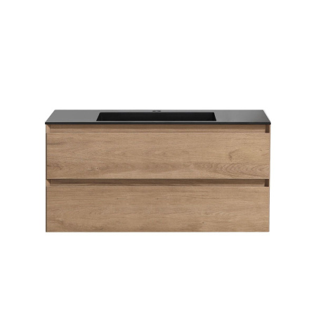 Тумба Vincea Luka 1000 подвесная, 2 выкатных ящика soft-close, N.Oak с умывальником VCB-13100B из кварца, цвет черный