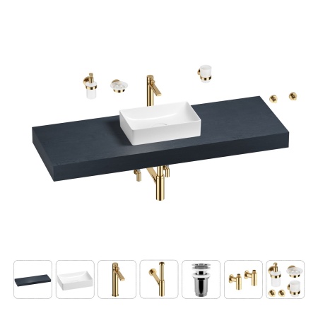 Раковина 42 см со столешницей 140 см Wellsee Pure BY Wellsee 201010998 в наборе 10 в 1: столешница, раковина, высокий смеситель, сифон, выпуск, кран-вентили, аксессуары (цвет золото)