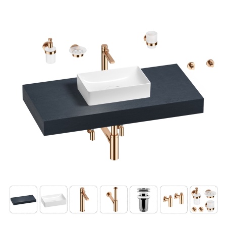 Раковина 42 см со столешницей 100 см Wellsee Pure BY Wellsee 201010819 в наборе 10 в 1: столешница, раковина, высокий смеситель, сифон, выпуск, кран-вентили, аксессуары (цвет розовое золото)