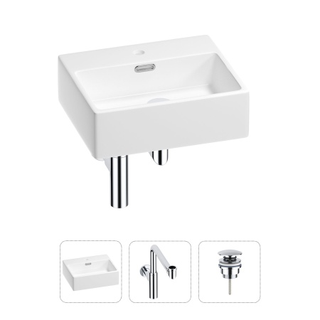 Раковина для ванной Wellsee Graceful Pro 201001321 в наборе 3 в 1: прямоугольная раковина белого глянцевого цвета, сифон, донный клапан в цвете хром
