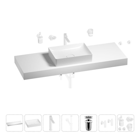 Раковина 50 см со столешницей 140 см Wellsee Pure BY Wellsee 201011520 в наборе 10 в 1: столешница, раковина, высокий смеситель, сифон, выпуск, кран-вентили, аксессуары (цвет матовый белый)