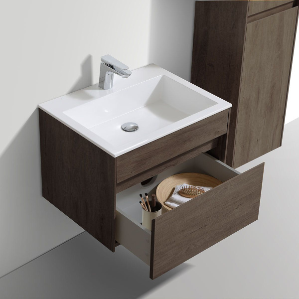 Тумба Vincea Chiara 600 подвесная, 1 выкатной ящик soft-close, R.Oak с умывальником VCB-13600W из искусственного камня, цвет белый