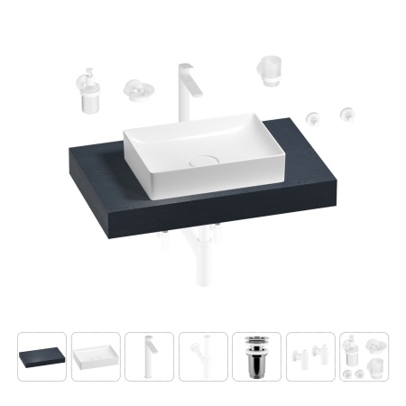Раковина 50 см со столешницей 80 см Wellsee Pure BY Wellsee 201011095 в наборе 10 в 1: столешница, раковина, высокий смеситель, сифон, выпуск, кран-вентили, аксессуары (цвет матовый белый)