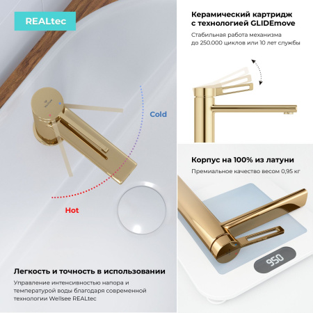 Раковина 60 см со столешницей 80 см Wellsee Halcyon 201011958 в наборе 10 в 1: столешница, раковина, смеситель, сифон, донный клапан, угловые вентили, аксессуары (цвет золото)