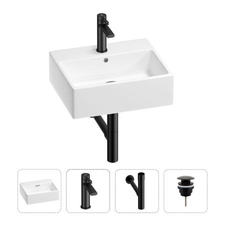 Раковина для ванной Wellsee Graceful Pro 201002927 в наборе 4 в 1: раковина белого глянцевого цвета, смеситель, сифон, донный клапан (цвет набора матовый черный)