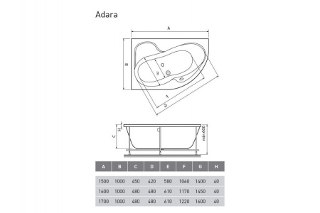 Ванна акриловая левосторонняя Relisan ADARA Гл000013731, 170x100