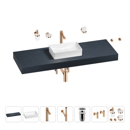 Раковина 42 см со столешницей 140 см Wellsee Pure BY Wellsee 201010999 в наборе 10 в 1: столешница, раковина, высокий смеситель, сифон, выпуск, кран-вентили, аксессуары (цвет розовое золото)