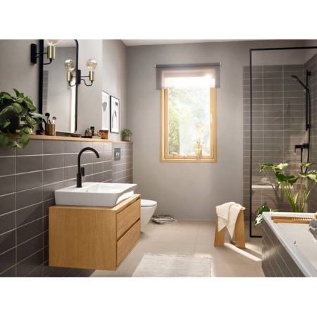 Hansgrohe Rebris E Смеситель для раковины 210 с поворотным изливом со сливным гарнитуром черный матовый 72576670