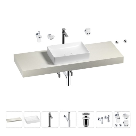 Раковина 50 см со столешницей 140 см Wellsee Pure BY Wellsee 201011431 в наборе 10 в 1: столешница, раковина, высокий смеситель, сифон, выпуск, кран-вентили, аксессуары (цвет хром)