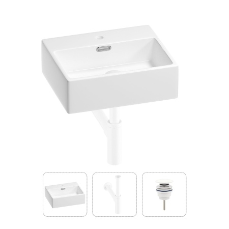 Раковина для ванной Wellsee Graceful Pro 201001320 в наборе 3 в 1: прямоугольная раковина белого глянцевого цвета, сифон, донный клапан в цвете матовый белый