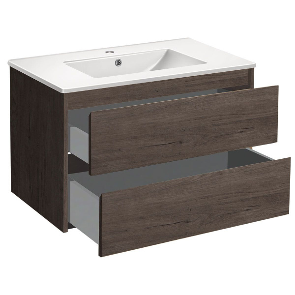 Тумба Vincea Gio 800 подвесная, 2 выкатных ящика soft-close, R.Oak с умывальником VBS-13980 керамическая, цвет белый