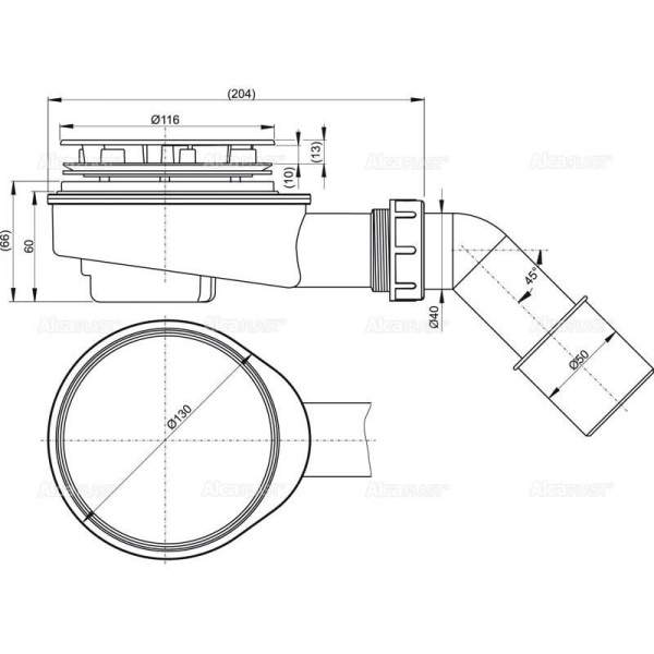 Низкий сифон для толстостенного душевого поддона Alcaplast, хром, A492CR
