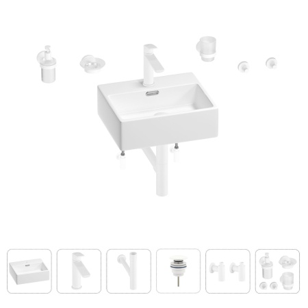 Раковина для ванной Wellsee Graceful Pro 201006625 в наборе 9 в 1: раковина белого глянцевого цвета, смеситель, сифон, донный клапан, угловые вентили, аксессуары (цвет набора матовый белый)