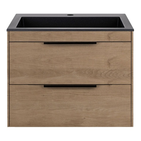 Тумба Vincea Chiara 2D 600 подвесная, 2 выкатных ящика soft-close, N.Oak с умывальником VCB-13600B из кварца, цвет черный